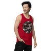 man wearing a maroon tank top with a circular design on the back of many traditional tattoo designed black panther heads inside of it.