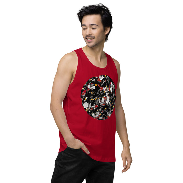 man wearing a maroon tank top with a circular design on the back of many traditional tattoo designed black panther heads inside of it.