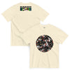 beige t-shirt with circular image of many tattoo illustrations of a black panther head tightly overlapping each other in the circle