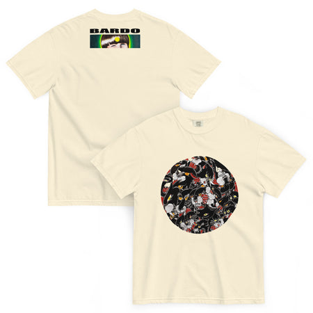 beige t-shirt with circular image of many tattoo illustrations of a black panther head tightly overlapping each other in the circle