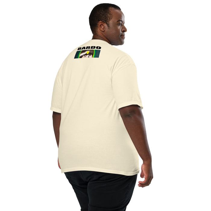 man wearing a beige t-shirt with circular image of many tattoo illustrations of a black panther head tightly overlapping each other in the circle