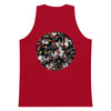 maroon tank top with a circular design on the back of many traditional tattoo designed black panther heads inside of it.