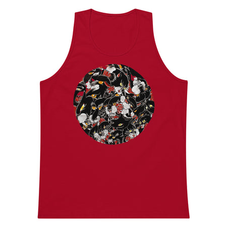 maroon tank top with a circular design on the back of many traditional tattoo designed black panther heads inside of it.