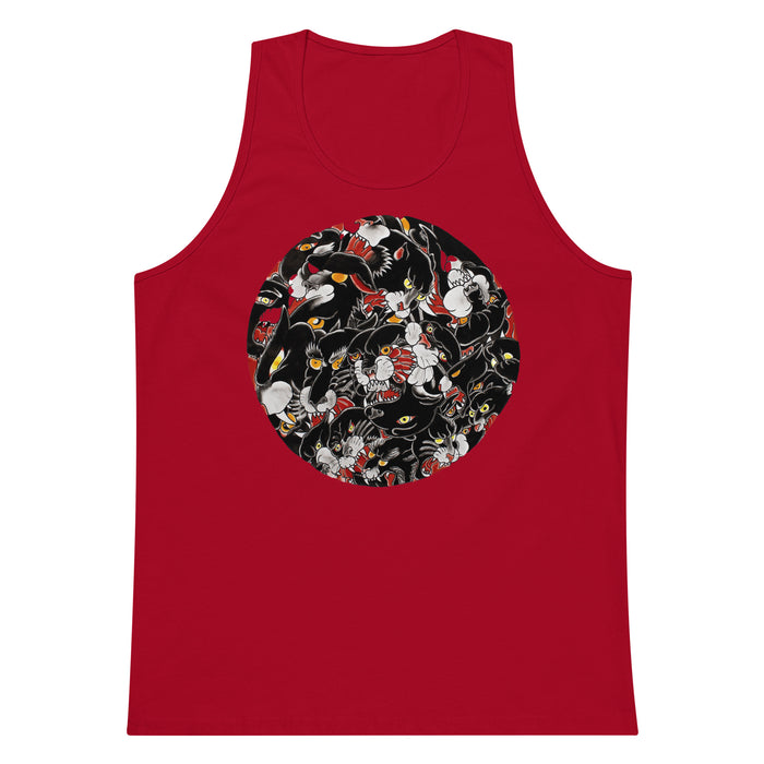 maroon tank top with a circular design on the back of many traditional tattoo designed black panther heads inside of it.