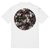 many tattoo art stye black panther heads together inside of a circle shape on a white polo shirt