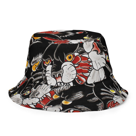 all over print reversible bucket hat with black Panthers on one side and dragons on the other