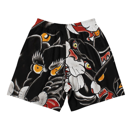 long all over print shorts featuring multiple overlapping images of the classic black panther tattoo head artwork