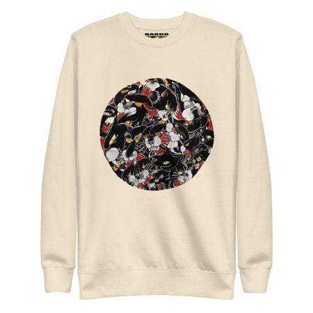 a beige sweatshirt  with a circular image of many tattoo illustrations of a black panther head tightly overlapping each other in the circle