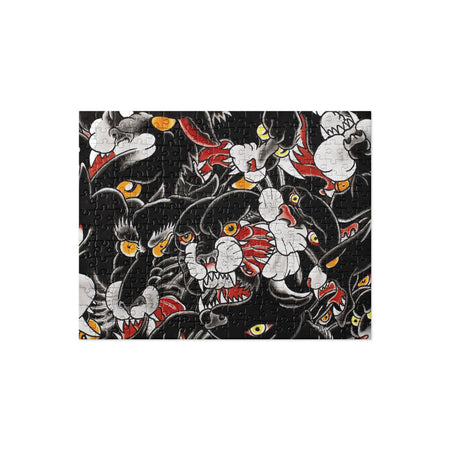 rectangular jigsaw puzzle featuring many tattoo style black panther heads