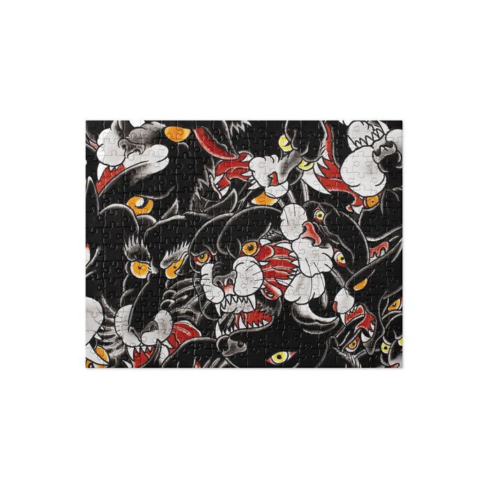 rectangular jigsaw puzzle featuring many tattoo style black panther heads