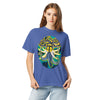 girl wearing a light blue t-shirt with original art of animal head of wasp face with elephant tusks and trunks, and snake hair, in an ellipse 