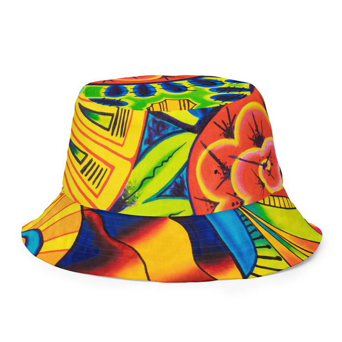multicolored reversible bucket hat with abstract psychedelic artwork