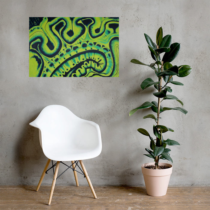 abstract art print in electric lime and blue, displayed on living room wall 24×36 inches