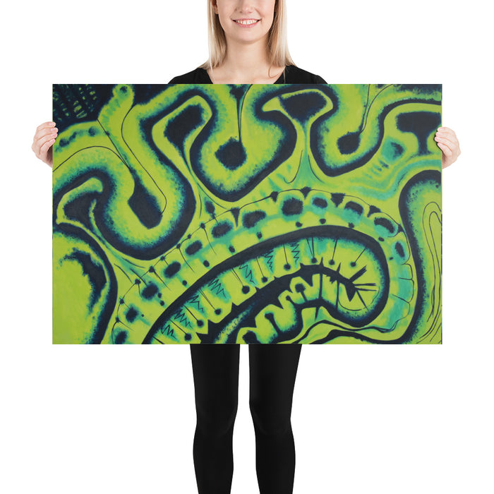 abstract art print in electric lime and blue,, being held up by a person. 24" x 36"
