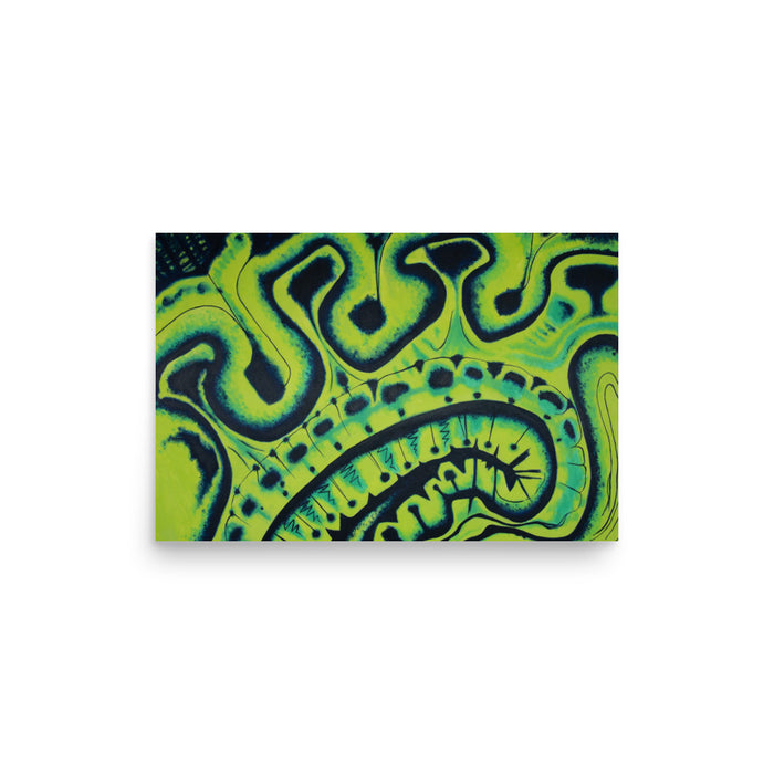 Cellular Railroad – abstract art print in electric lime and blue, 12×18 inches
