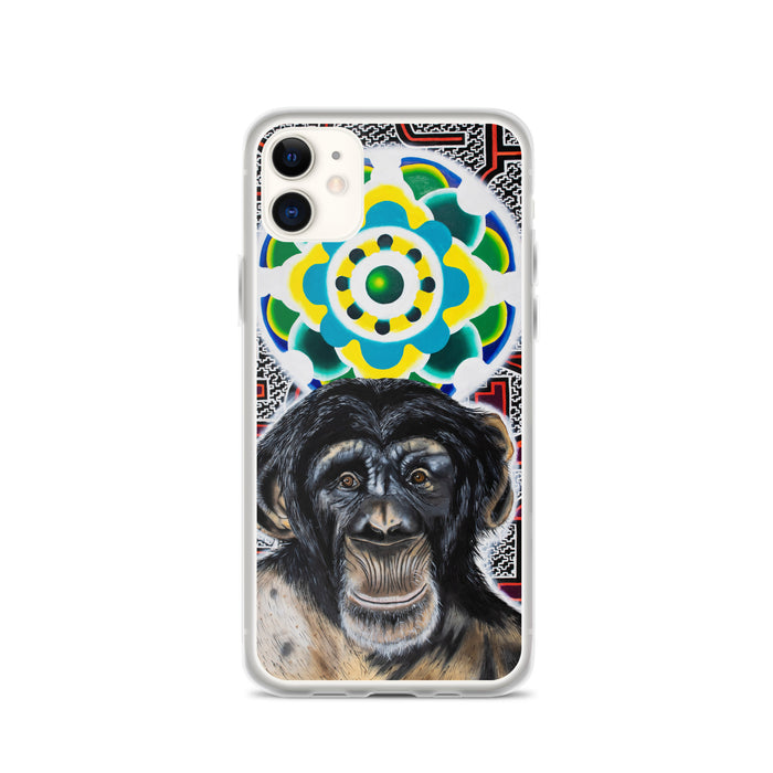 plastic phone case with face of chimp with a psychedelic background