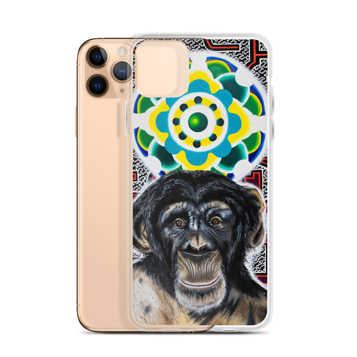 plastic phone case with face of chimp with a psychedelic background