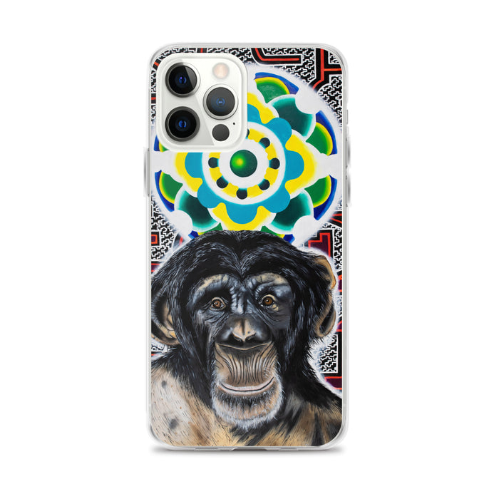 plastic phone case with face of chimp with a psychedelic background