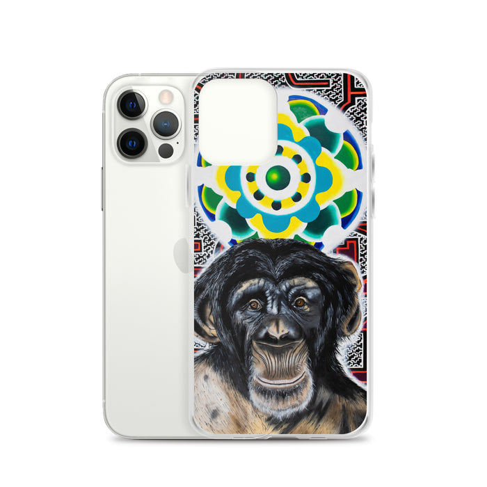plastic phone case with face of chimp with a psychedelic background