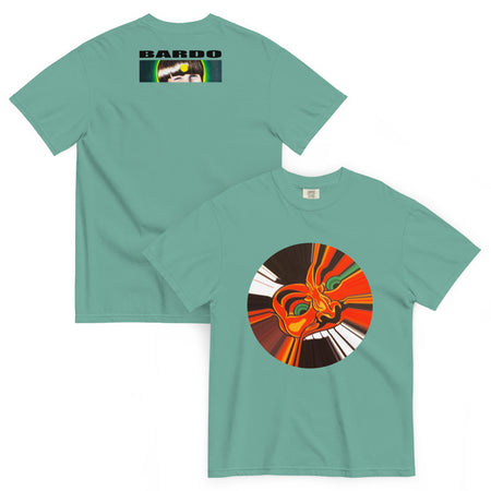 light green t-shirt with distorted cartoon devil head 