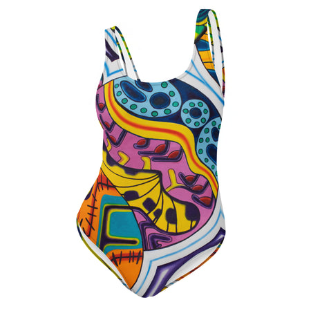 womens one piece swimsuit with a multicolored abstract all over print