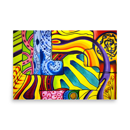multicolored abstract art print in an early 80's style