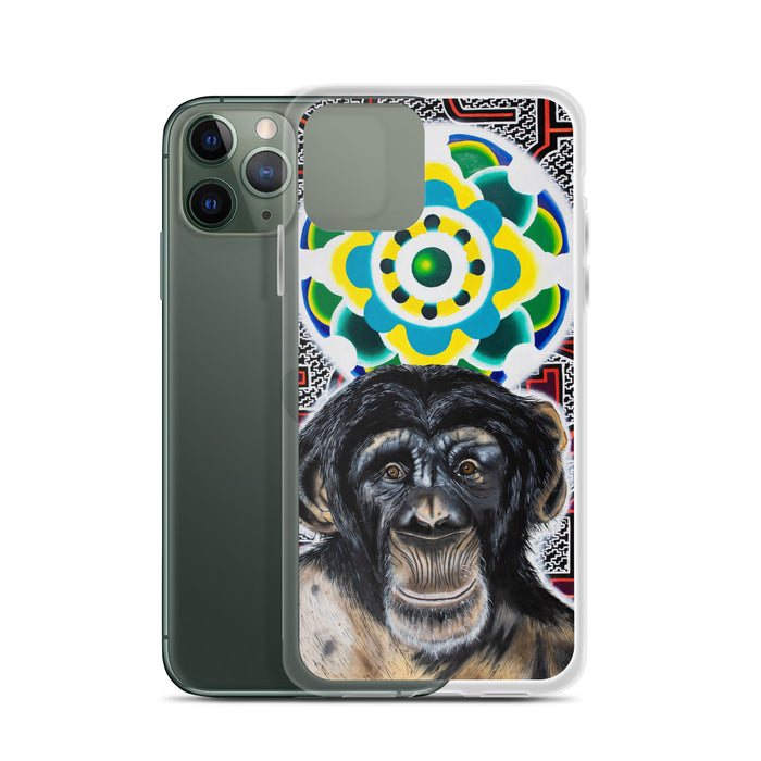 plastic phone case with face of chimp with a psychedelic background