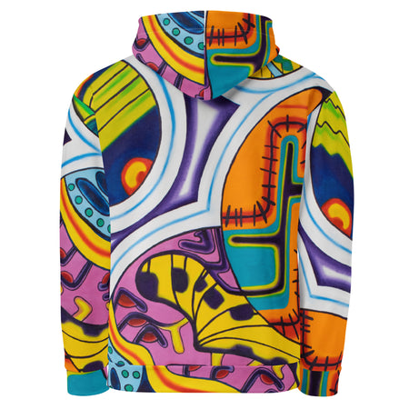 original art hoodie with multicolored all over psychedelic art in a geometric style