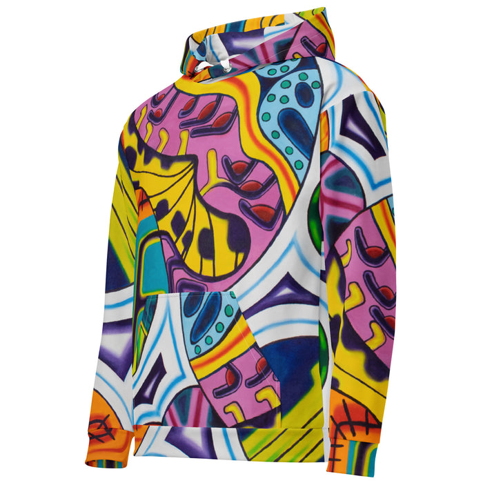 original art hoodie with multicolored all over psychedelic art in a geometric style