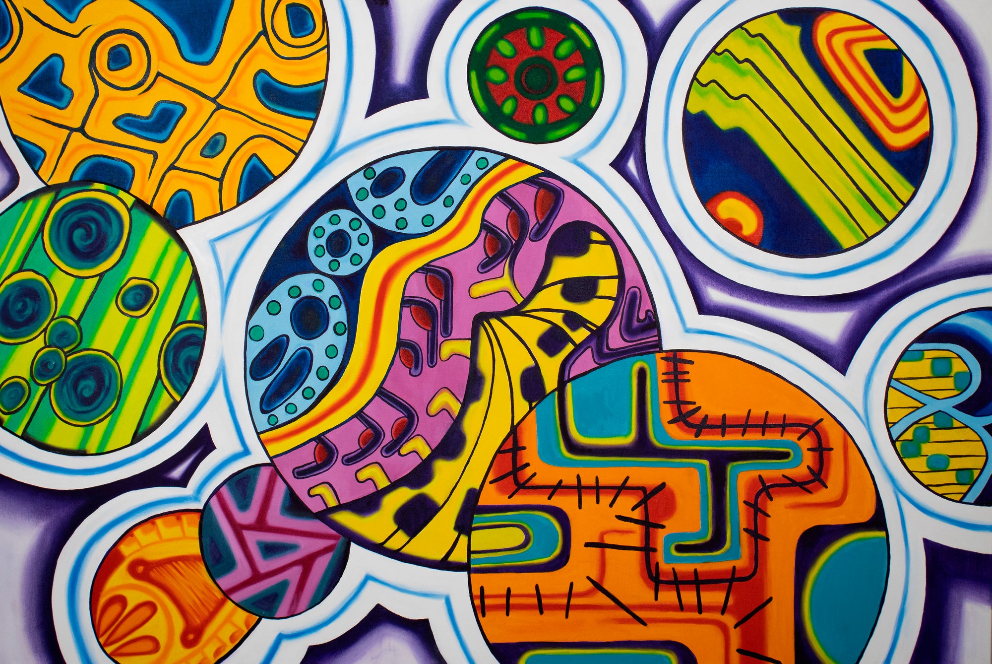 dynamic, multicolored, abstract, psychedelic painting using circles and geometric shapes that resemble cellular biology 