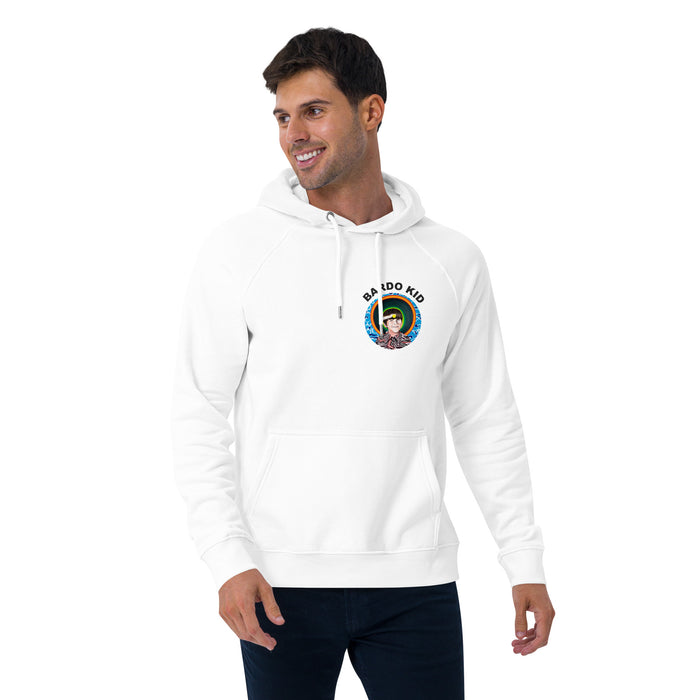 Person wearing a white hoodie with a colorful cartoon devil face graphic on the back against a white background