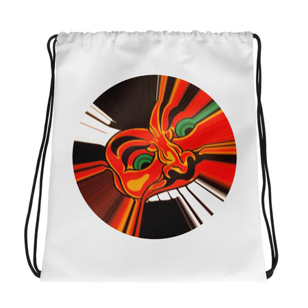 backpack style white drawstring bag with image of a cartoon red devil face in a circle