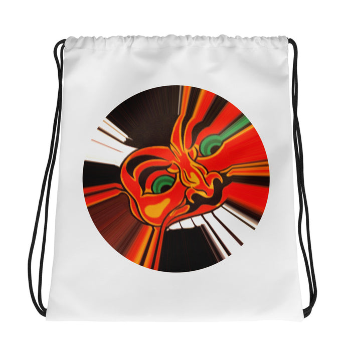 backpack style white drawstring bag with image of a cartoon red devil face in a circle