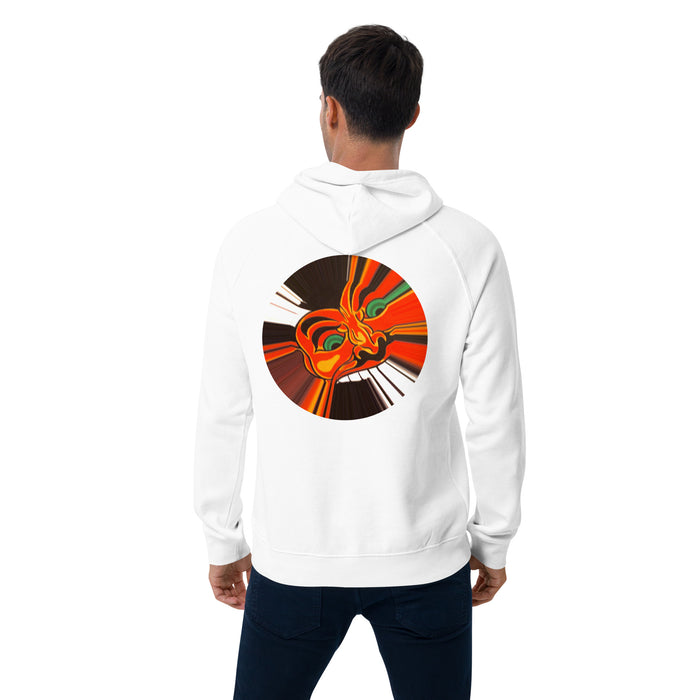 Person wearing a white hoodie with a colorful cartoon devil face graphic on the back against a white background