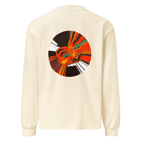 a long sleeved off white t-shirt with a circular shape on front containing a old time style carnival devil head