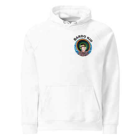 white hoodie with original art of a cartoon devil head contained within a circle appearing to be stretching and moving at a high rate of speed