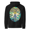 a black hoodie with original art in an ellipse of a wasp head with elephant trunks, tusks, and hair made of snakes.