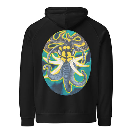 a black hoodie with original art in an ellipse of a wasp head with elephant trunks, tusks, and hair made of snakes.