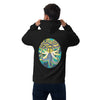 a black hoodie with original art in an ellipse of a wasp head with elephant trunks, tusks, and hair made of snakes.