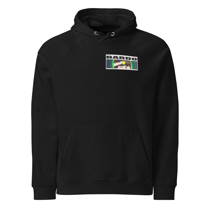 a black hoodie with original art in an ellipse of a wasp head with elephant trunks, tusks, and hair made of snakes.