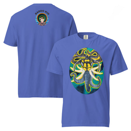 a light blue t-shirt with original art of animal head of wasp face with elephant tusks and trunks, and snake hair, in an ellipse 