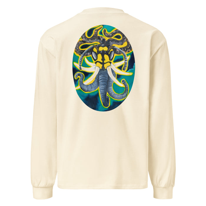 an off white long sleeve t-shirt with original art of a hybrid animal made up of a wasp head, elephant tusks, and trunks, and hair of snake bodies on a background of turquoise and dark blue clouds 