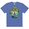 a light blue t-shirt with original art of animal head of wasp face with elephant tusks and trunks, and snake hair, in an ellipse 