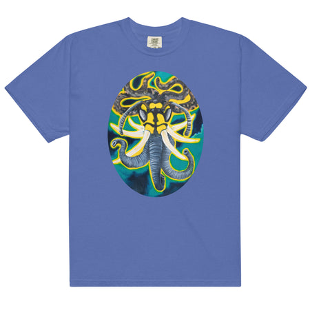 a light blue t-shirt with original art of animal head of wasp face with elephant tusks and trunks, and snake hair, in an ellipse 