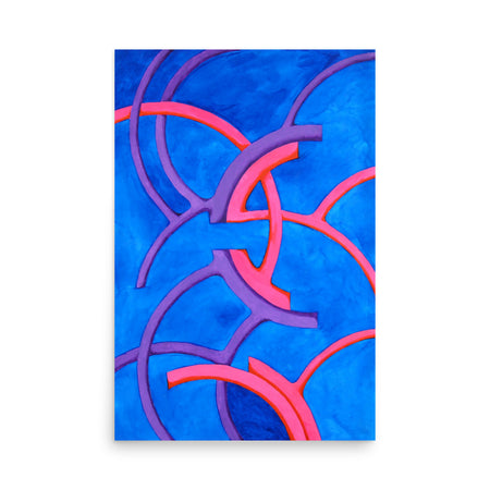 an abstract watercolor in neon pinks and blues composed of tubular forms curving symmetrically with each other