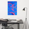an abstract watercolor in neon pinks and blues composed of tubular forms curving symmetrically with each other hanging on a wall above a desk
