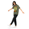 girl wearing a moss green t-shirt with image of artichoke radiating psychedelic bands of color with bardo kid logo on the back