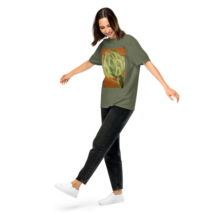girl wearing a moss green t-shirt with image of artichoke radiating psychedelic bands of color with bardo kid logo on the back