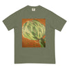 moss green t-shirt with an artichoke radiating waves of red, green, and yellow 