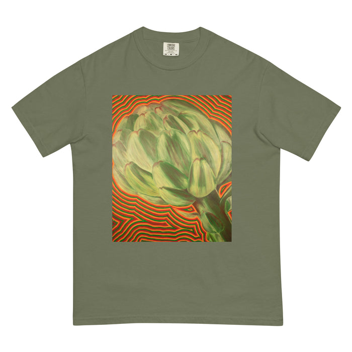 moss green t-shirt with an artichoke radiating waves of red, green, and yellow 